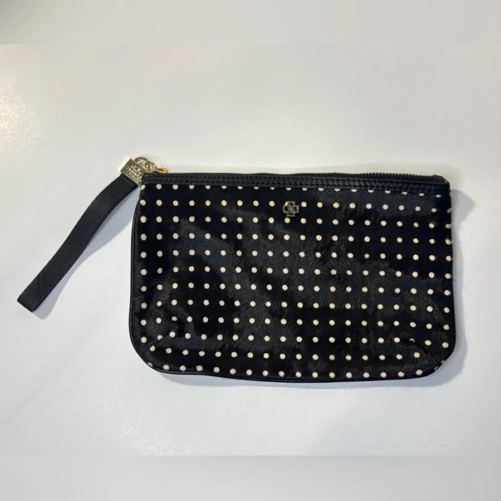 Anne Taylor Black & Cream Polka Dot Calf Hair Wristlet Pouch Gold Zip